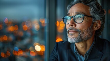 A man in glasses contemplates the city lights at night - Powered by Adobe