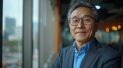 Obraz premium A close-up portrait of a smiling Asian man wearing glasses in an office setting