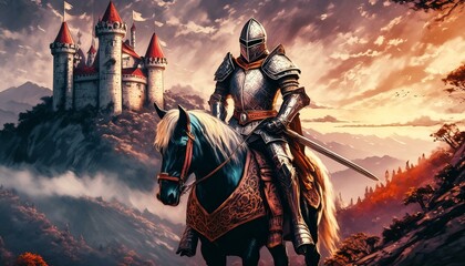 Naklejka premium knight riding horse at sunset