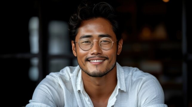 A young man wearing glasses smiles brightly while wearing a white shirt