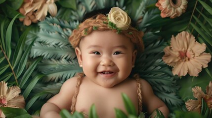 A baby is laying on a bed of leaves and flowers