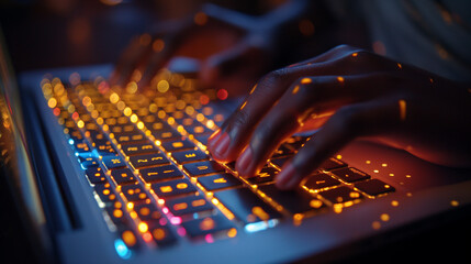 A detailed close-up of hands typing on a laptop keyboard. 