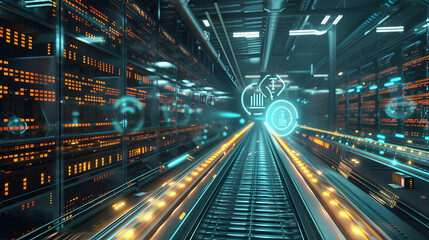 Fototapeta premium 3D rendering of a digitalized smart warehouse with a glowing digital data stream on a conveyor belt 