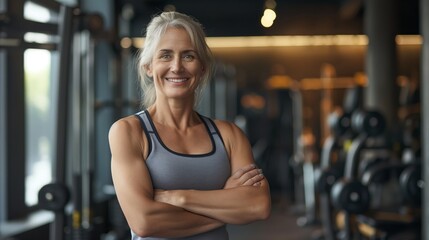 Fototapeta premium Middle Aged Eastern European Female Fitness Trainer Smiling Confidently at the Gym with Crossed Arms