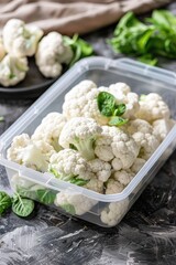 cauliflower in a plastic container. Selective focus