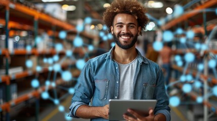 A warehouse worker smiles while using a tablet in front of shelves