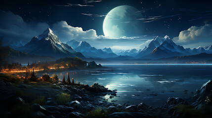 big moon over the ocean among moutains and clouds in fantasy style having the reflection on water surface