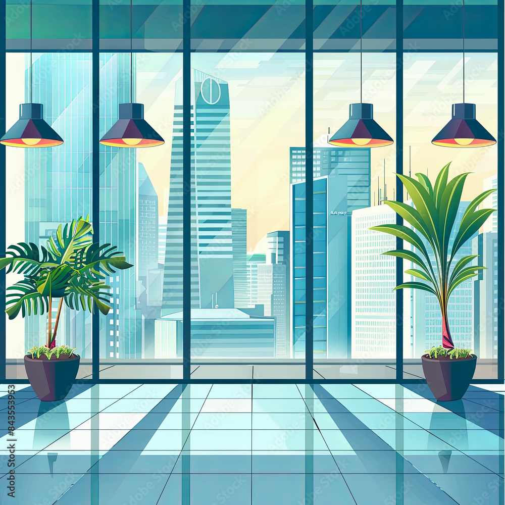 Wall mural illustration of modern office interior with city view and skyscrapers - Wall murals