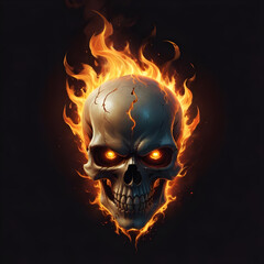 A fiery, demonic skull with glowing eyes and flames surrounding it, capturing a haunting and intense visual