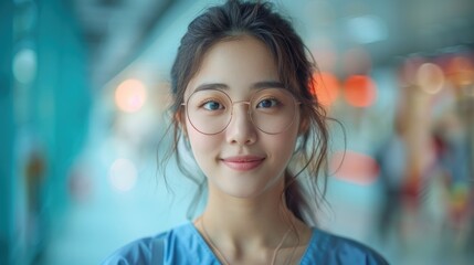 Fototapeta premium A young woman wearing blue scrubs and glasses smiles at the camera in a brightly lit, indoor setting