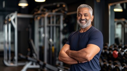 Fototapeta premium South Asian Fitness Trainer Smiling Confidently at Gym, Promoting Health and Fitness, Suitable for Wellness Publications