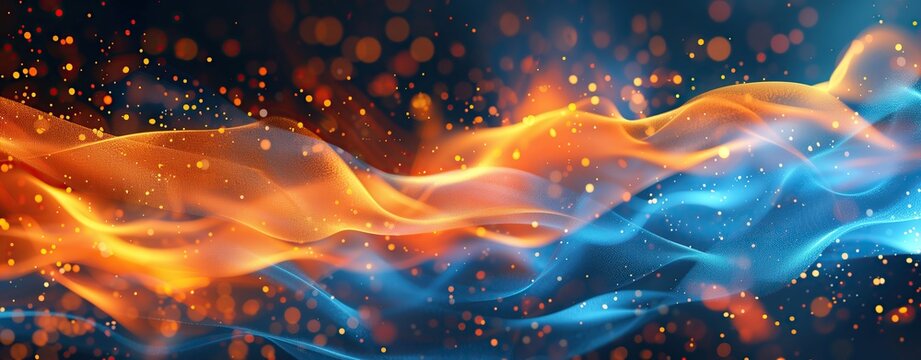 A blend of bright and dark elements, this abstract background combines blue and gold waves for a dynamic and stylish look. Data transfer concept. Digital wallpaper.