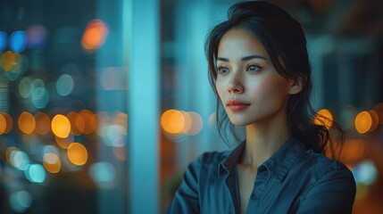 Obraz premium A young woman gazes out a window at the city lights