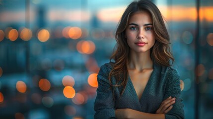 Obraz premium A young woman with long brown hair stands in front of a blurred city background at night