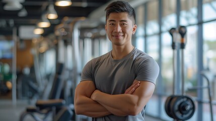 Confident East Asian Male Fitness Trainer in Modern Gym, Promoting Health, Fitness Goals, and Personal Training Services