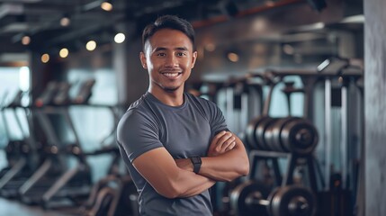 Smiling Indonesian Male Fitness Trainer in Gym Setting, Promoting Healthy Lifestyle and Personal Training Sessions, Fitness Motivation