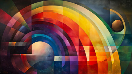 Obraz premium Colourful Rainbow, Minimal Geometric Retro Painting. Modern Art, Spectrum, Concept, Statement. Equality, Diversity, Human Rights. Creativity, Harmony, Self-Expression. Trendy Abstract Background