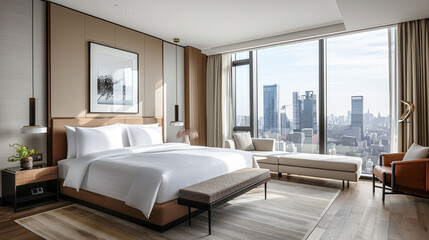 Modern bedroom interior design. 3D render concept of a hotel suite