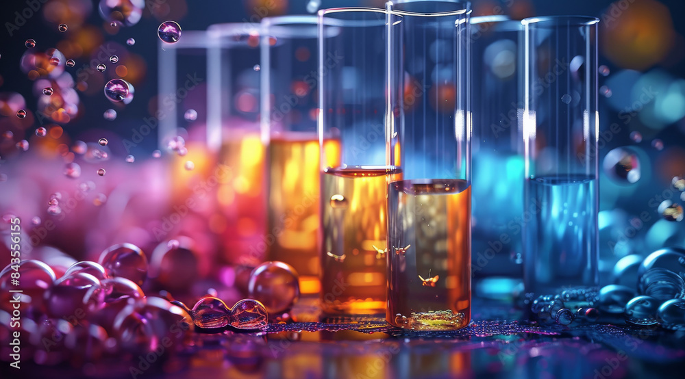 Poster a test tubes and beakers with vibrant chemical solutions, molecules floating around, isolated backgr