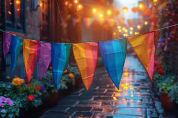 String of rainbow flags hangs in an alleyway, lit by warm streetlights