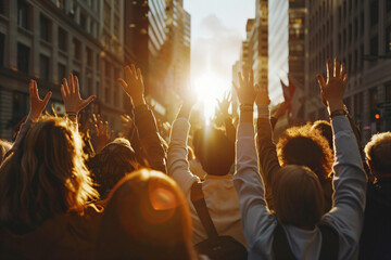 Obraz premium a group of people raising their hands in the air