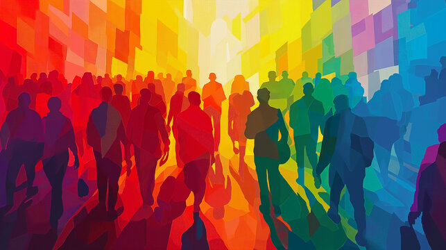 Diverse People Walking on a Street, Pop Art Color Block Painting. Equality, Human Rights, Modern Society, Globalisation. Pride March, LGBTQ+ community, Festival. Audience, Crowd, Citizens, Humans