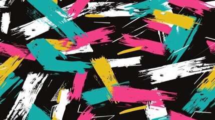 Fototapeta premium Colorful brushstroke pattern with black, teal, pink, and yellow on black background. Energetic and bold seamless pattern concept.