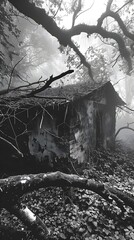 Withdrawn Decrepit Cottage Shrouded in Mysterious Mist with Eerie Shadows Looming in Gothic Horror Style