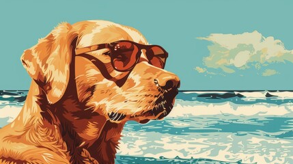 A stylized illustration of a dog wearing sunglasses, enjoying a sunny day at the beach with waves...