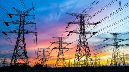High-voltage power lines silhouetted against a vibrant sunset sky, highlighting the interplay between technology and natural beauty. Blackout and power outage.