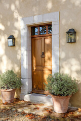 Rustic Wooden Door with Potted Plants in the South of France
