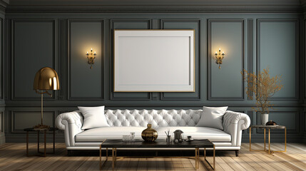 a slick 2x3 empty blank white frame on a luxurious livingroom wall with a couch, focus on the frame