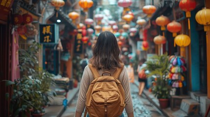 The lanterns are of various colors and sizes, creating a festive atmosphere