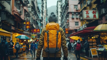 A man wearing a yellow backpack is walking down a busy city street