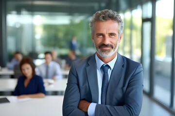 Executive Excellence: Middle-aged Manager Smiles for Corporate Portrait, Exemplifying Leadership, blurred background