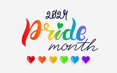 Obraz premium Happy pride month banner. Rainbow gradient color background. LGBTQ 2024 Pride. Vector illustration. Day love poster. Banner with typography and rainbow. Hearts retro colors. Pride month holiday.