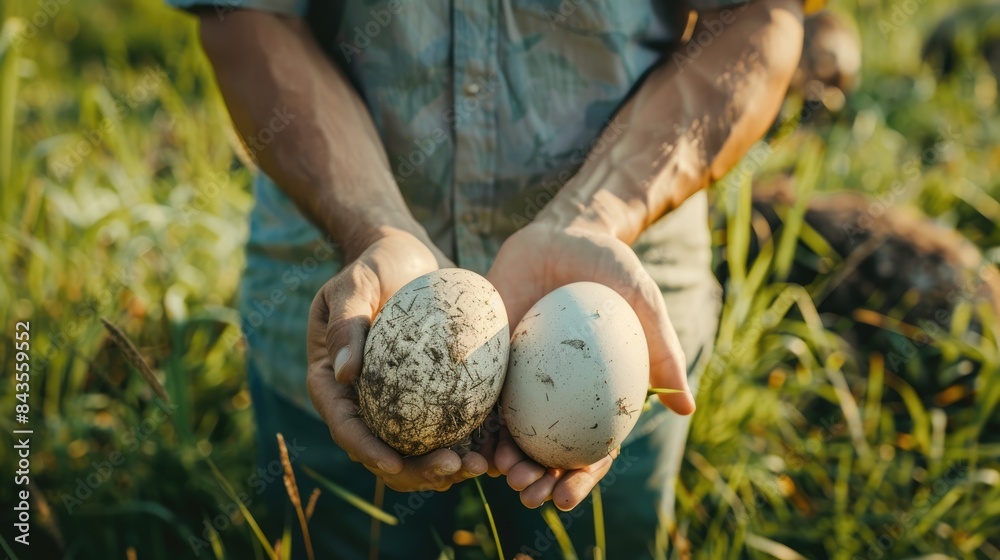 Wall mural the farmer holds ostrich eggs in his hands. selective focus