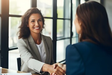 Professional Partnership: Smiling Female Executive Shakes Hands with Client, Successful Deal in Office, Mid-aged Manager Greets Client, Secures , blurred background, Successful Deal with Handshake