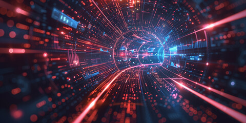 Obraz premium A 3D rendering of a spaceship flying through a tunnel of glowing particles in vibrant colors