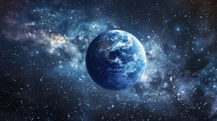 Fototapeta premium Magnificent view of planet Earth with glowing city lights and bright stars. Global illumination and cosmic scenery