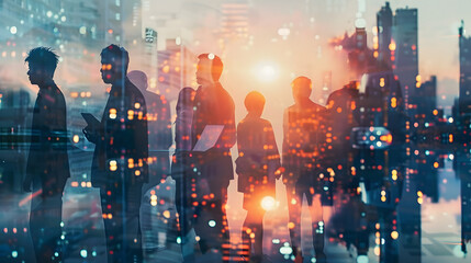 Double exposure image of many business people conference group meeting on city office building in background showing partnership success of business deal. Concept of teamwork