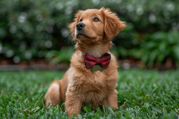 A fluffy golden retriever puppy sitting on a green lawn, wearing a red bow tie and looking up with big, curious eyes 
