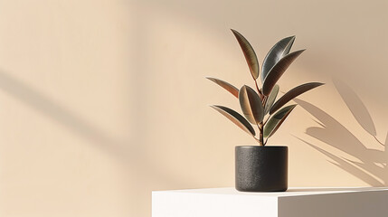 Ficus leaves in black pot on white podium against beige wall
