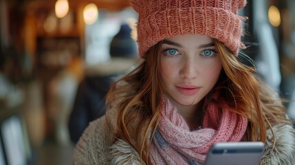 Young Woman in Winter Clothing Using Smartphone in Cafe