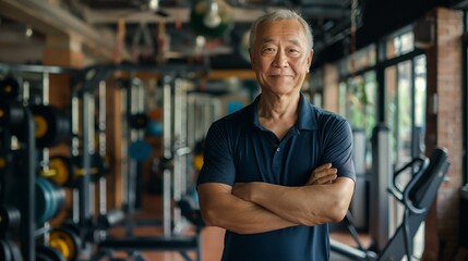 Elderly Chinese Male Fitness Trainer in a Gym Setting, Promoting Health and Wellness Through Active Lifestyle, Suitable for Health Campaigns, Fitness Blogs, and Wellness Articles