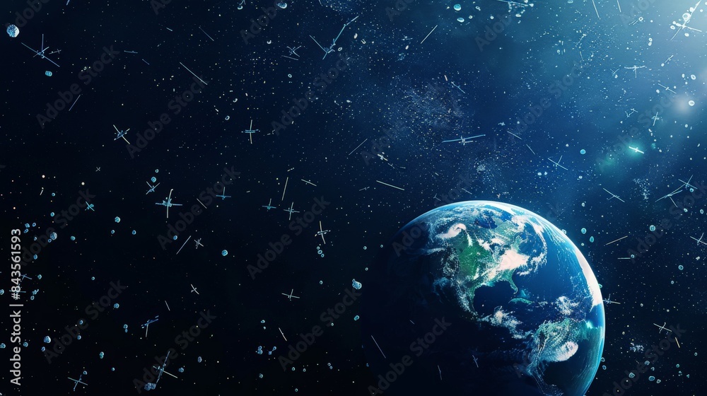Poster stunning image of earth surrounded by numerous satellites in space. demonstrating the technological 