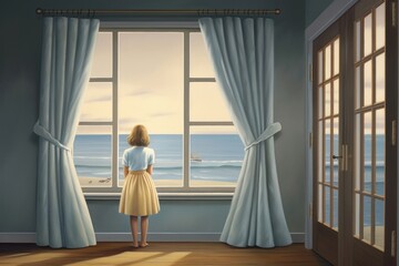 Painting of girl watching window contemplation architecture.
