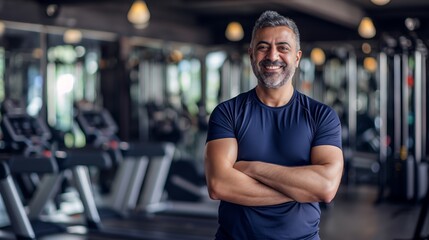 Middle-Aged Male Fitness Trainer in a Modern Gym, Health and Wellness, Pakistani Origin, Design for Fitness Promotion