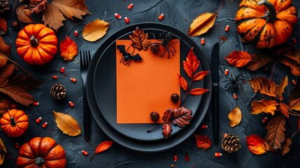 Halloween Table Setting With Pumpkins And Autumn Leaves