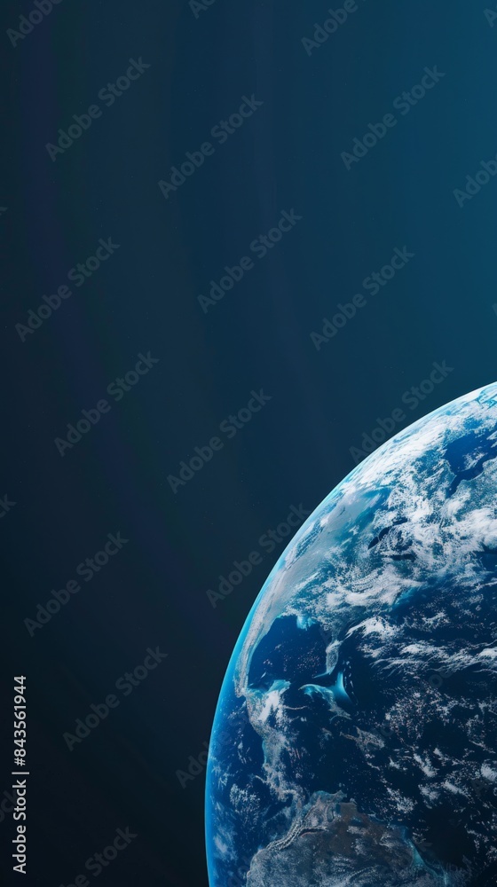 Poster view of earth from space showing the continents and oceans against a deep blue backdrop.